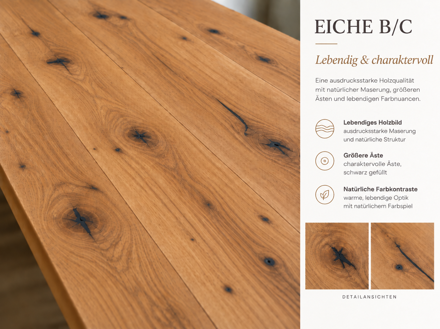 Eiche B/C: lebendiges Holzbild mit größeren Ästen und natürlichen Farbkontrasten